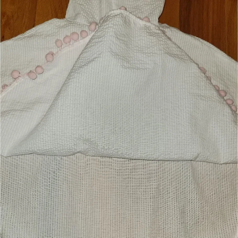 NWOT Boutique Monogramable White Seersucker Pink Pom Poms Poncho/Cover Up 18M